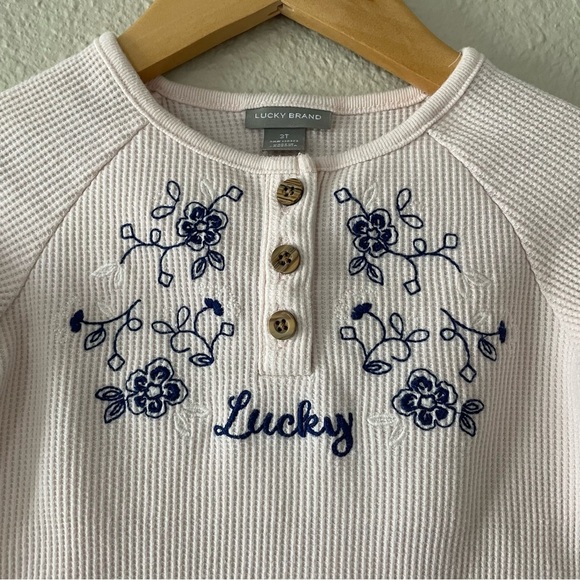 Lucky Brand Waffle Knit Top Toddler Girls 3T Pink Embroidered Long Sleeve Henley - Picture 3 of 10